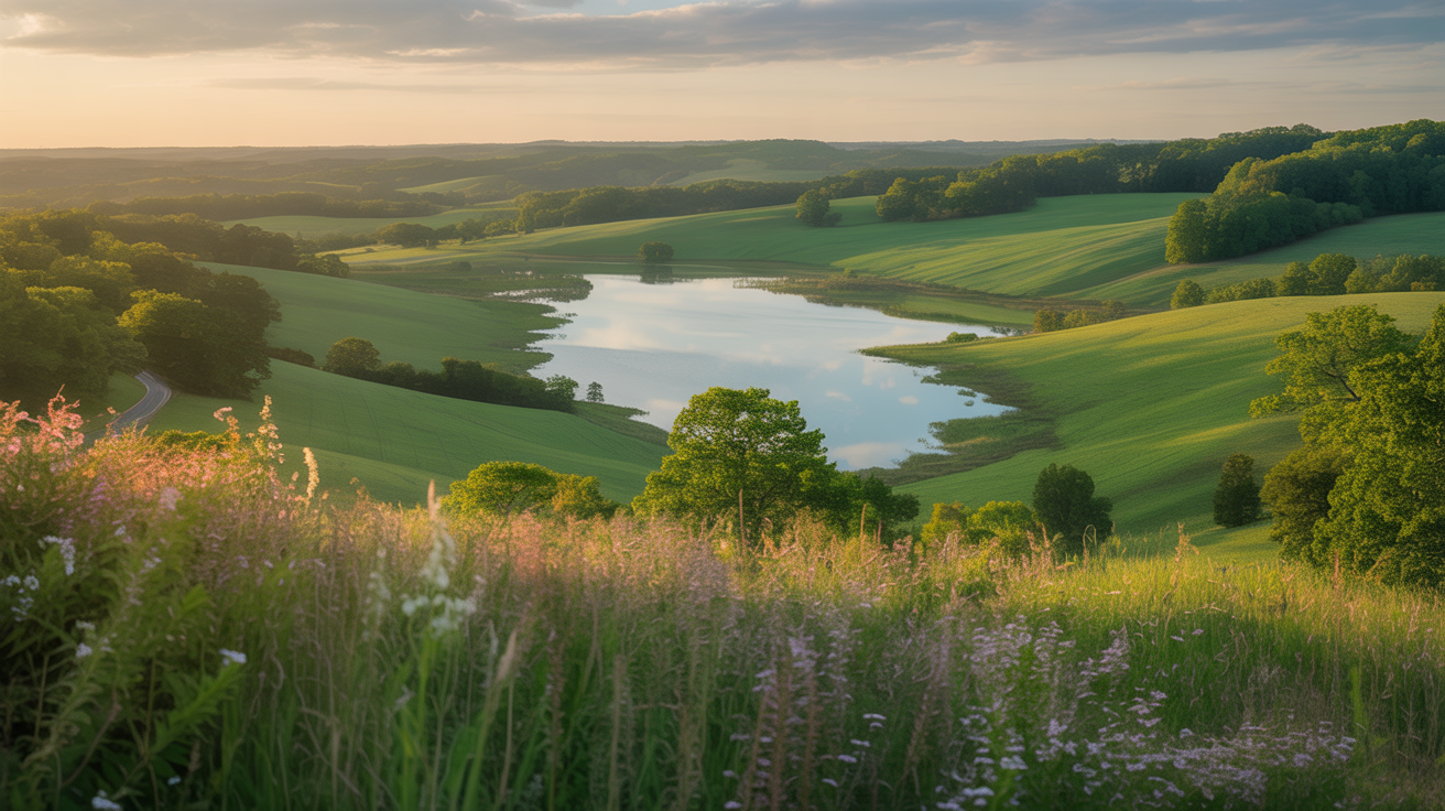 Scenic countryside view of Centre, Alabama with rolling hills and Weiss Lake