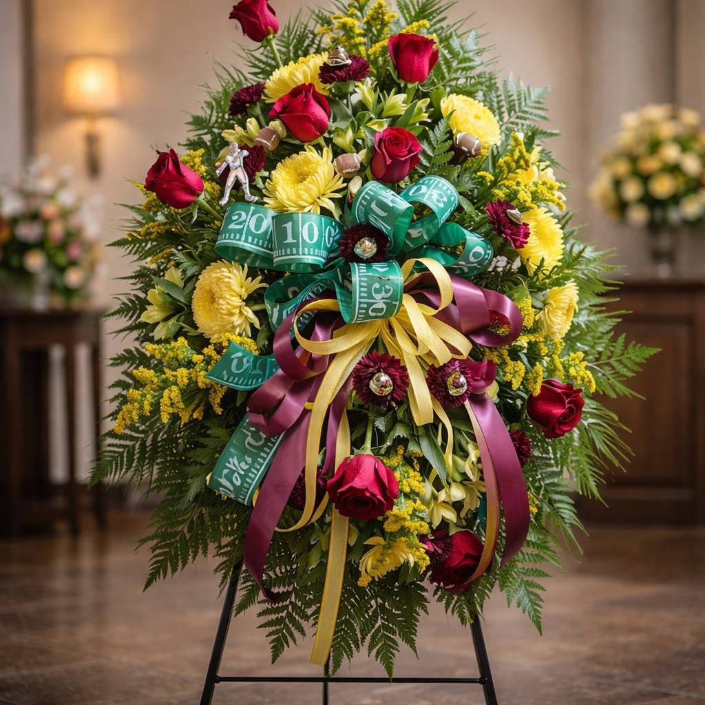 Football-themed standing spray with red roses, yellow mums, and green ribbon