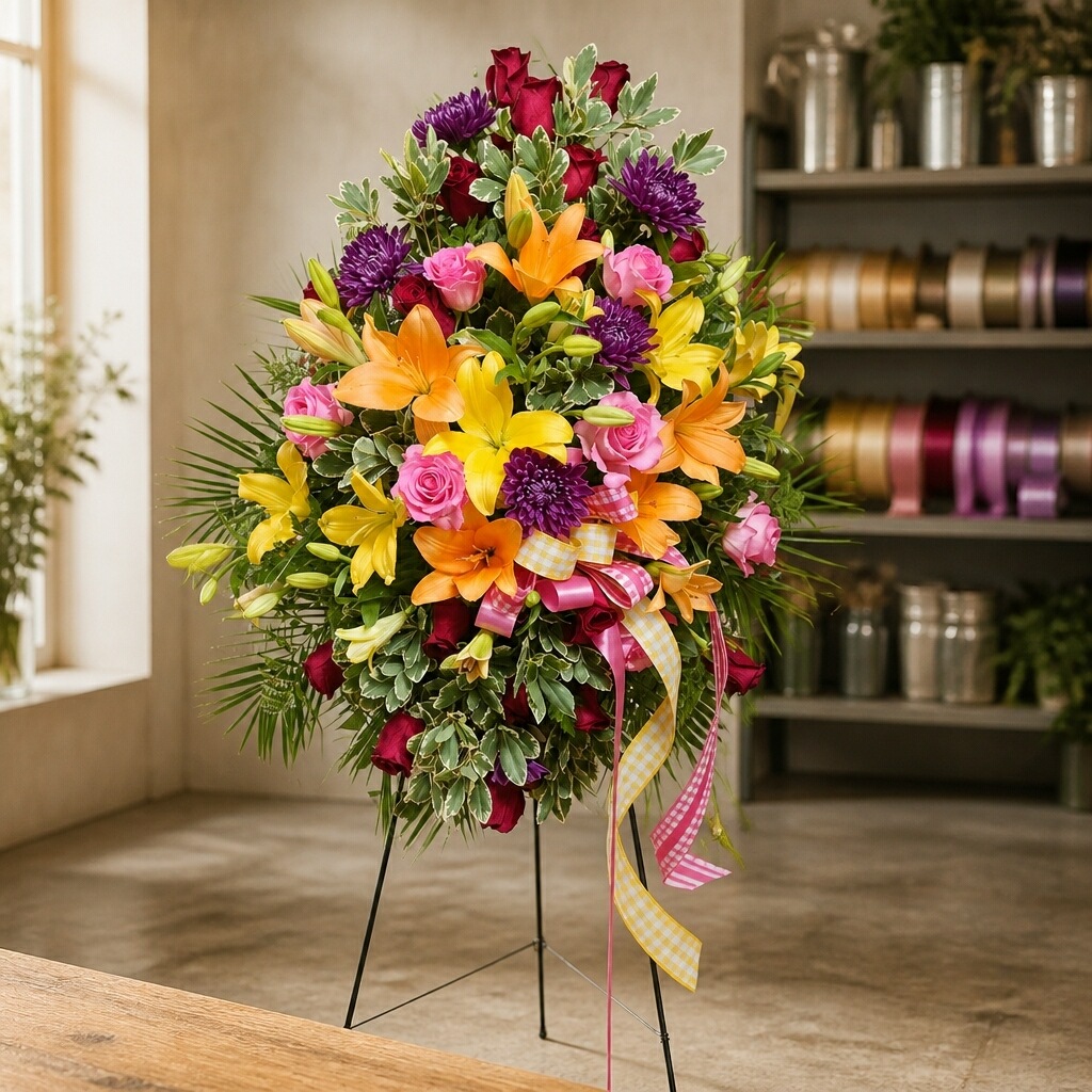 Bright standing funeral spray with orange lilies, pink roses, and yellow mums with gingham ribbons