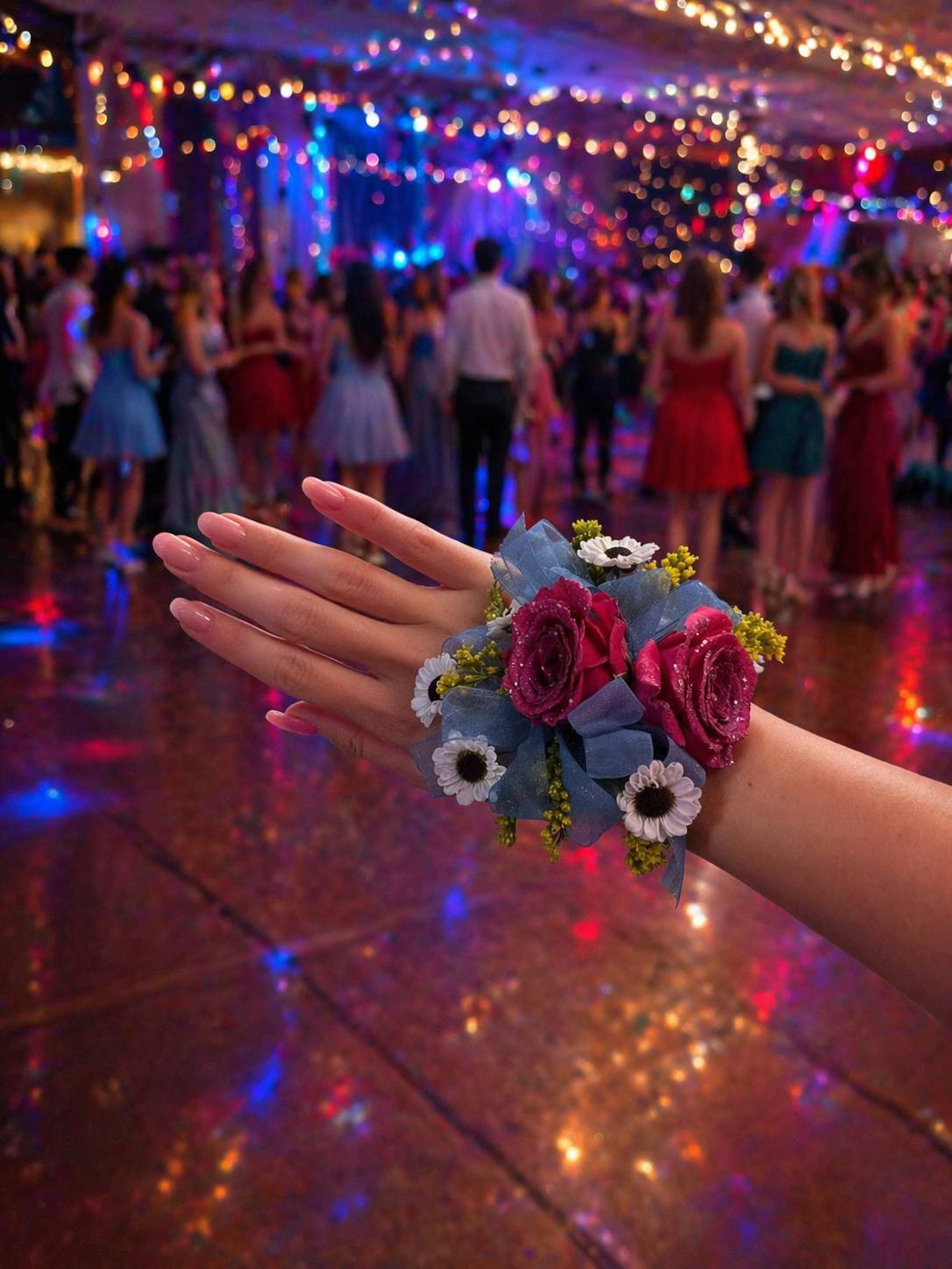 Prom wrist corsage with pink roses, daisies, and blue ribbon at dance
