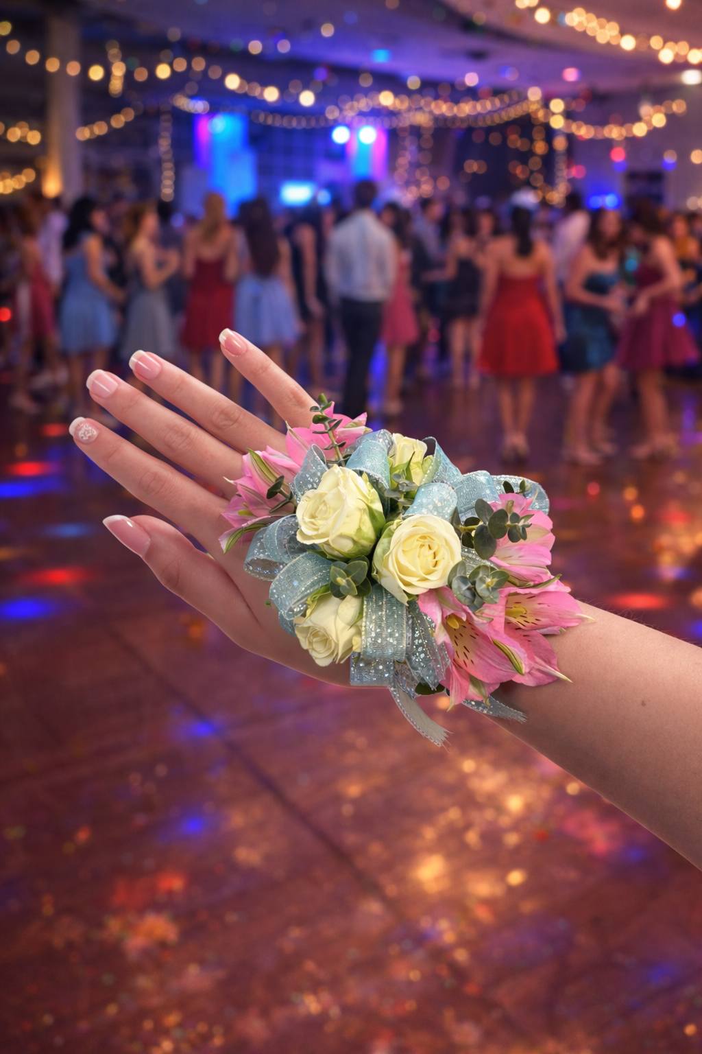 Elegant wrist corsage with white roses, pink alstroemeria, and silver ribbon