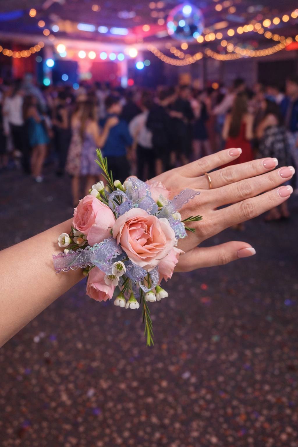Soft pink rose wrist corsage with lavender ribbon and lily of the valley