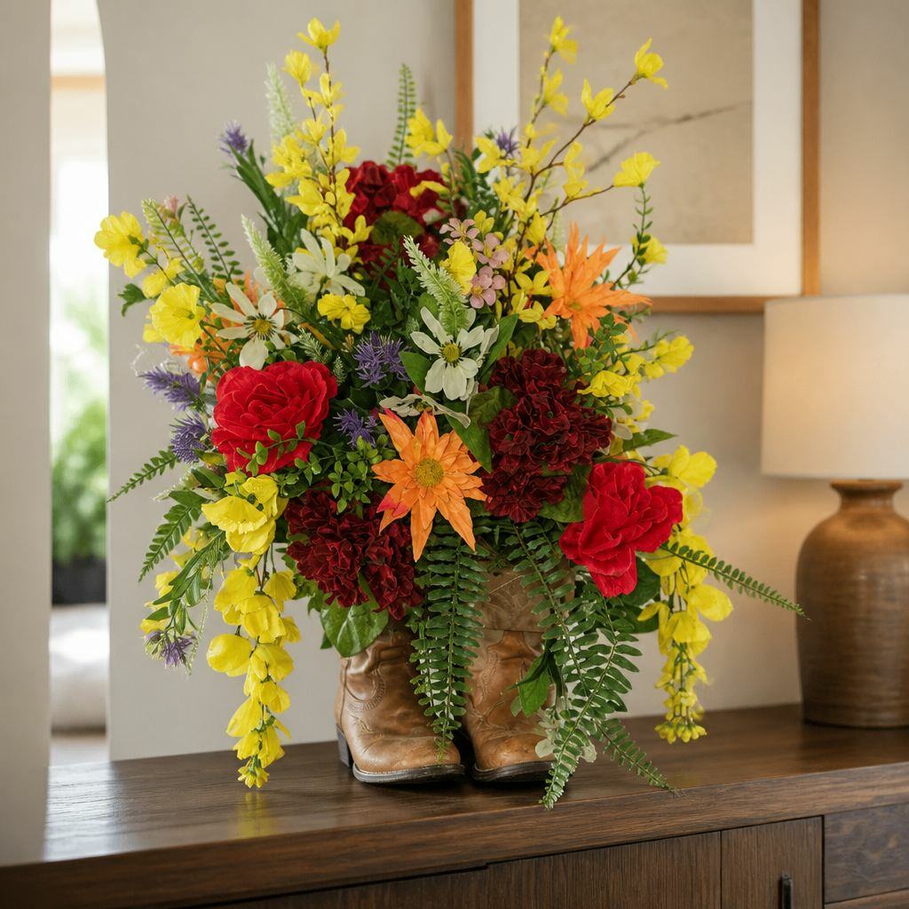 Rustic floral arrangement in cowboy boots with red roses, forsythia, and ferns
