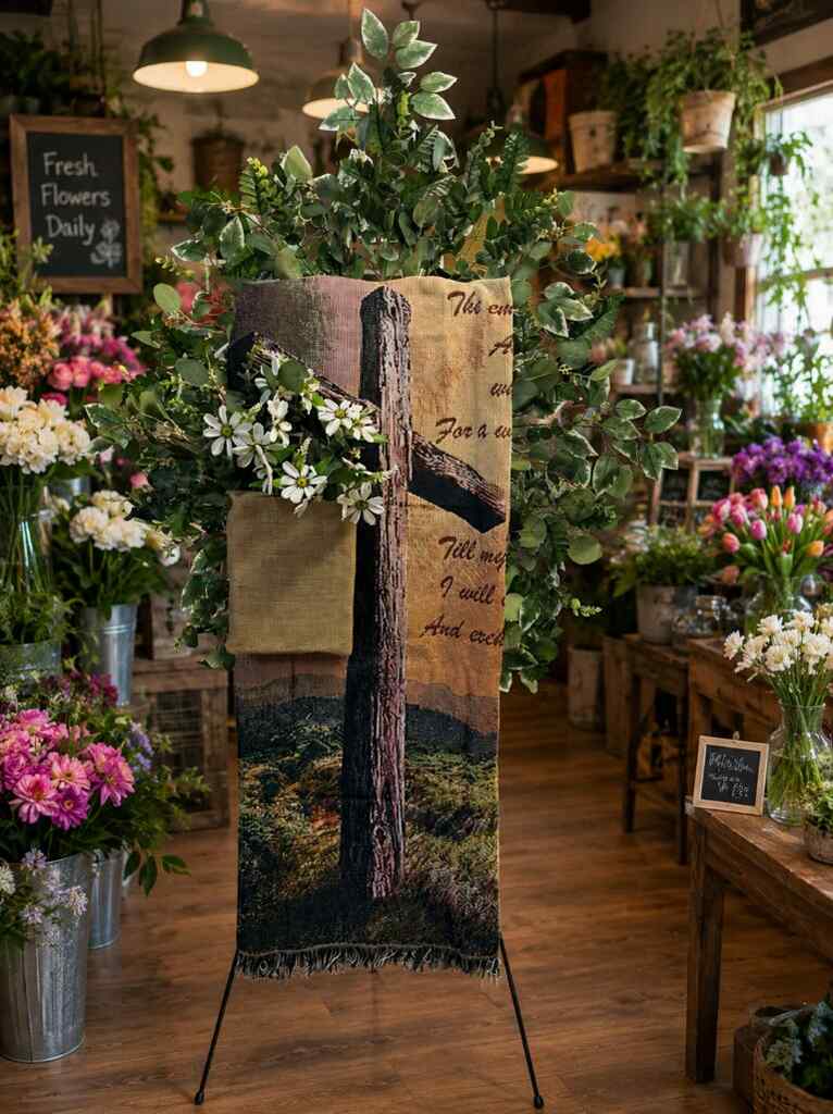 Sympathy cross banner with greenery and white flowers on easel in flower shop
