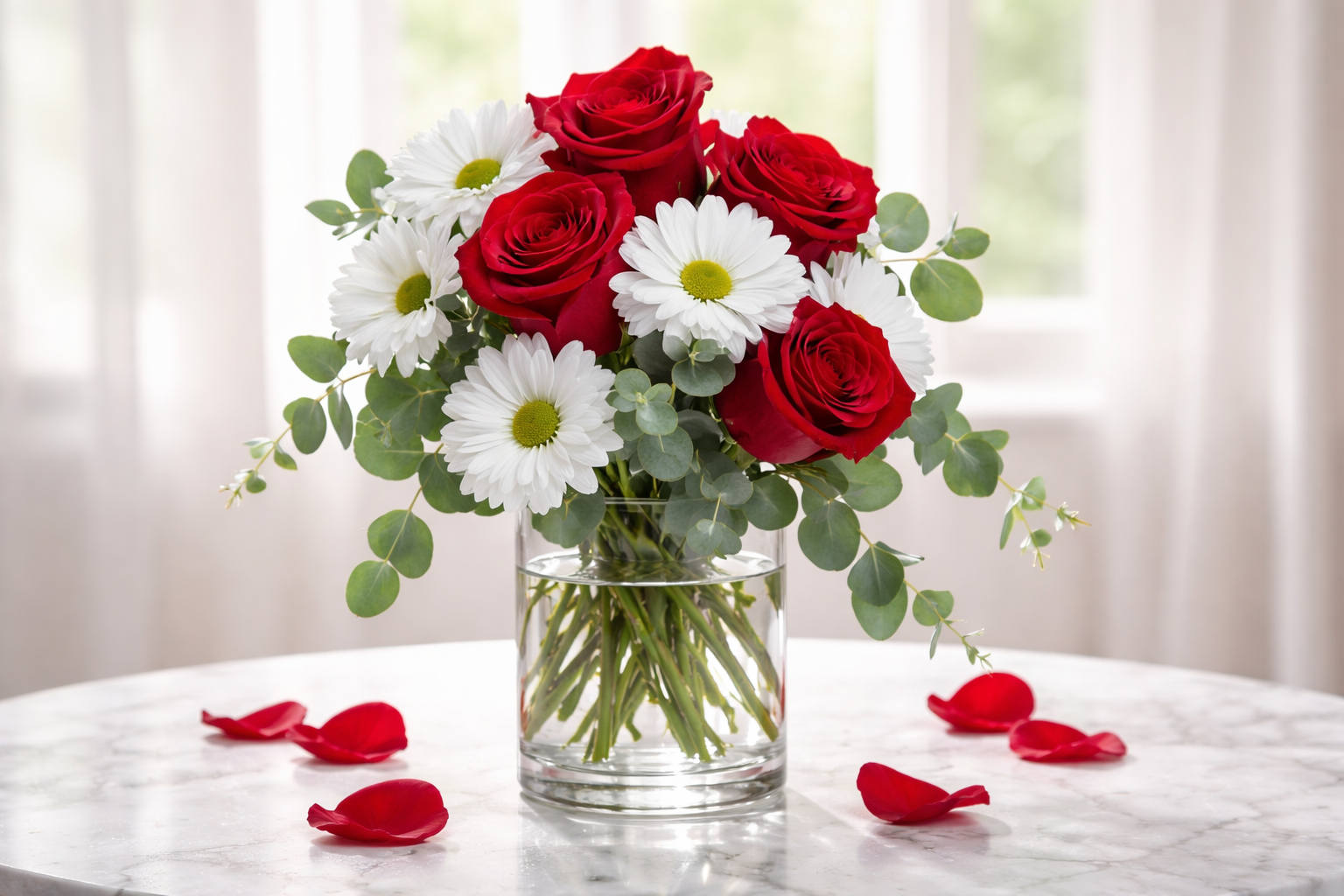 Mixed daisies and roses in a cheerful everyday bouquet