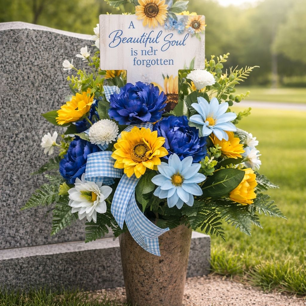 Graveside memorial arrangement with sunflowers, blue peonies, and gingham ribbon