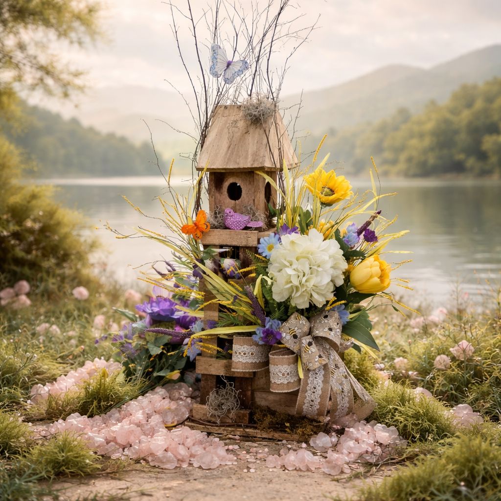 Rustic birdhouse arrangement with sunflowers, hydrangeas, and burlap ribbon