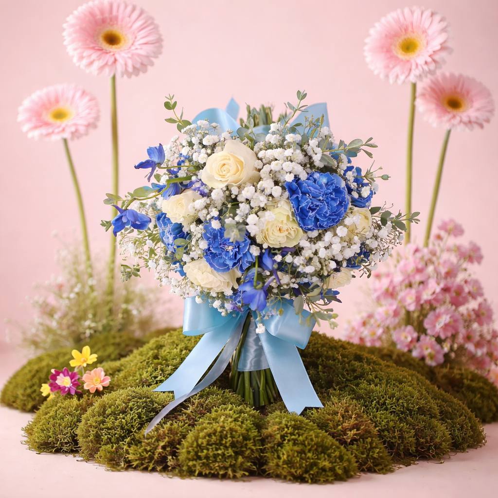 White and blue winter-themed floral arrangement