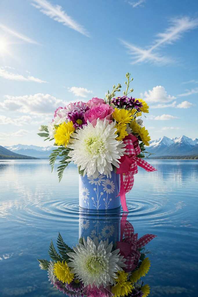 Colorful mixed bouquet with chrysanthemums, roses, and daisies in blue floral container by the lake