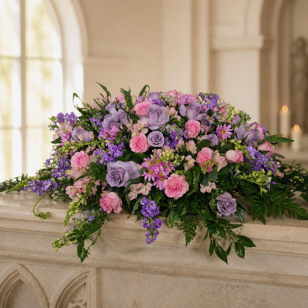 Elegant lavender and pink rose casket spray with trailing greenery
