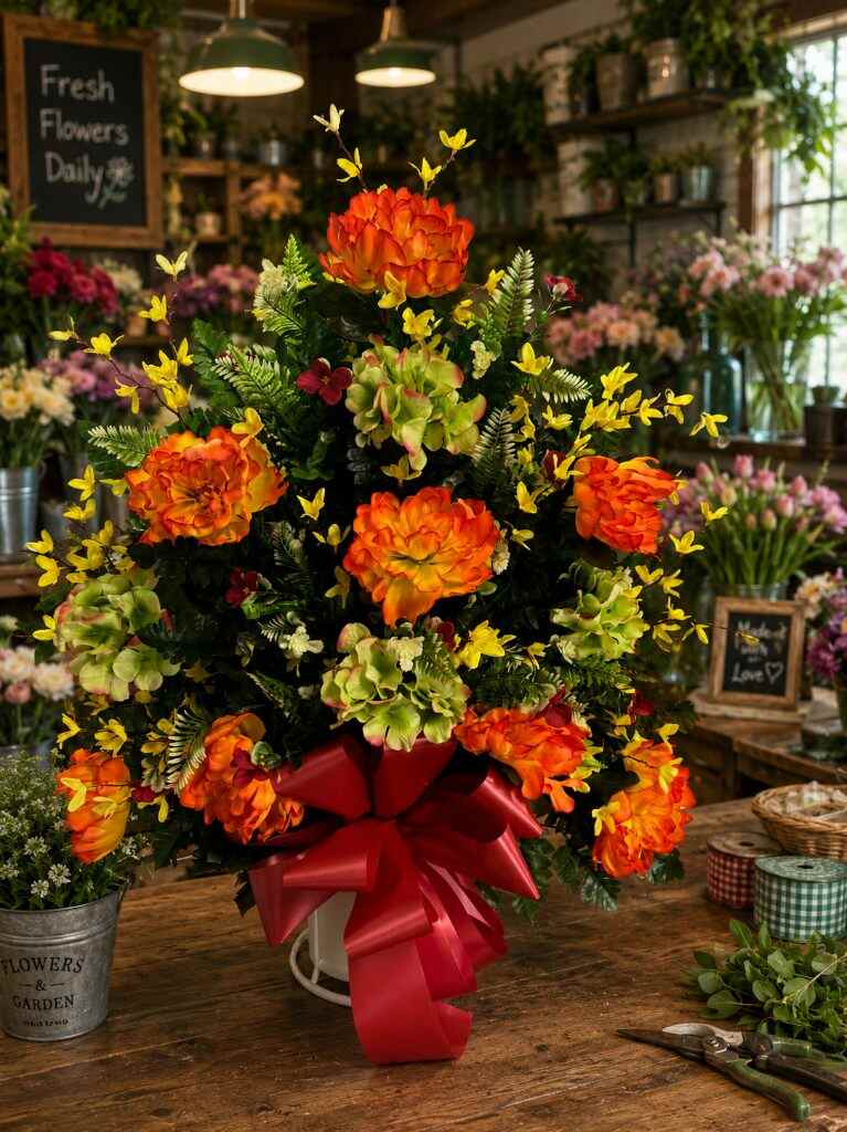 Vivid orange peonies and green hydrangea arrangement with red satin bow