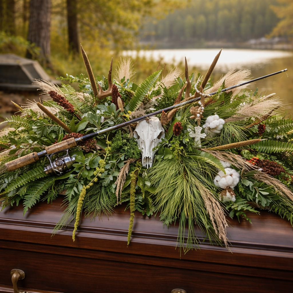 Outdoorsman themed casket spray with deer antlers, fishing rod, and natural greenery