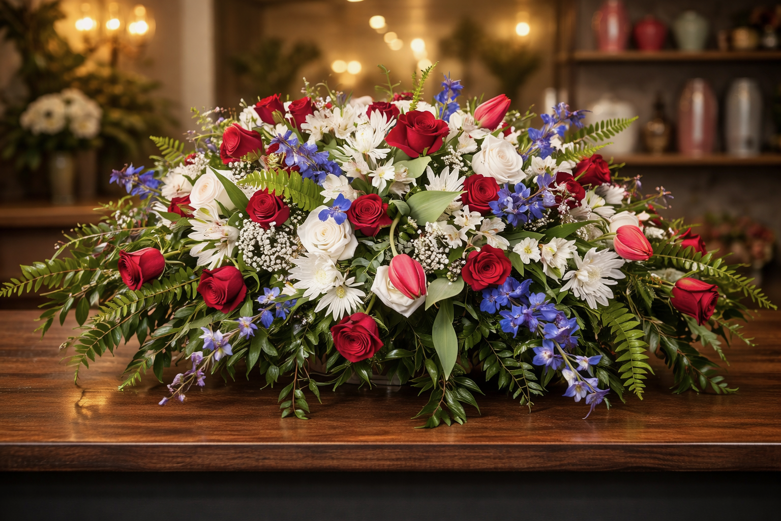 Patriotic red, white, and blue casket spray with roses, tulips, and delphinium