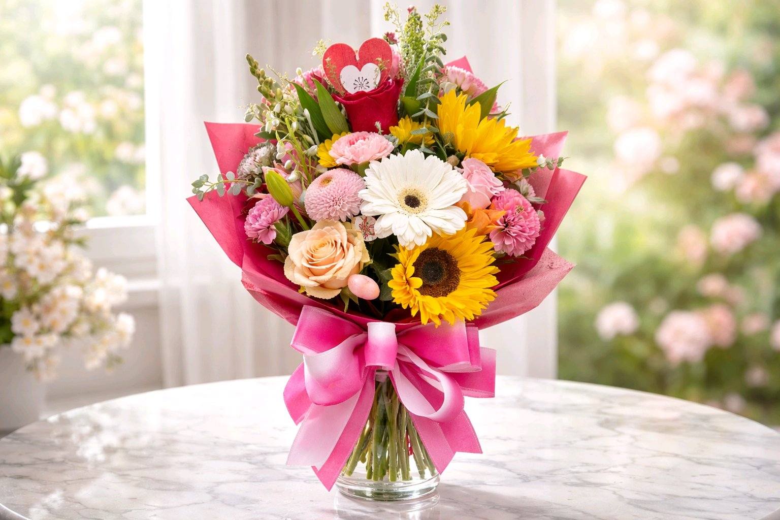 Pink roses with decorative bow in vase