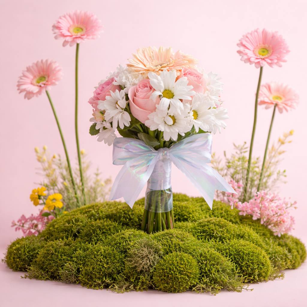 Bright pink daisy bouquet with mixed spring flowers