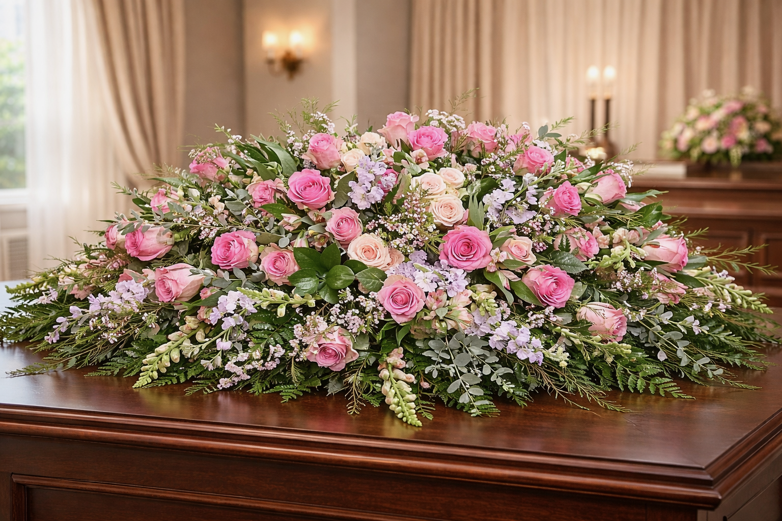 Pink rose casket spray with snapdragons, waxflower, and lush greenery
