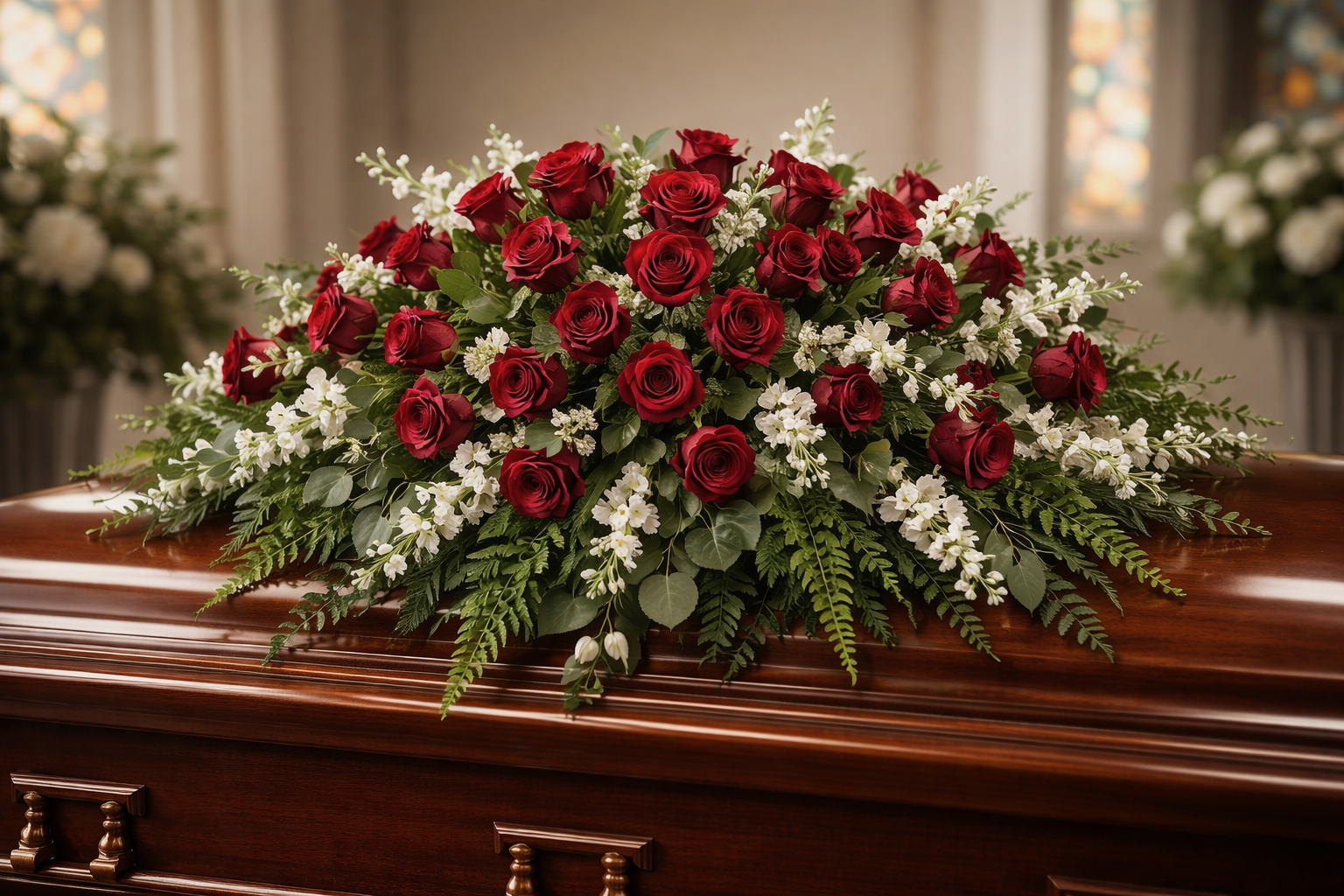 Classic red rose casket spray with white stock and fern accents in chapel setting