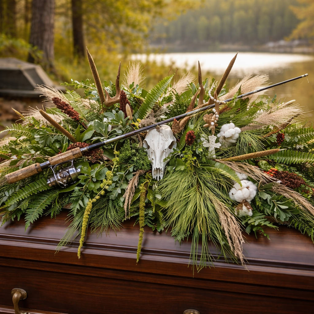 Outdoorsman tribute casket spray with deer skull, fishing rod, and greenery