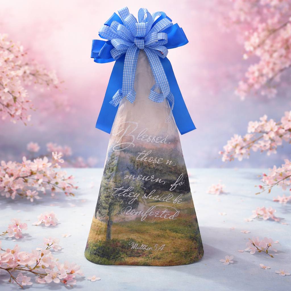 Memorial stone with scripture and blue gingham bow surrounded by blossoms