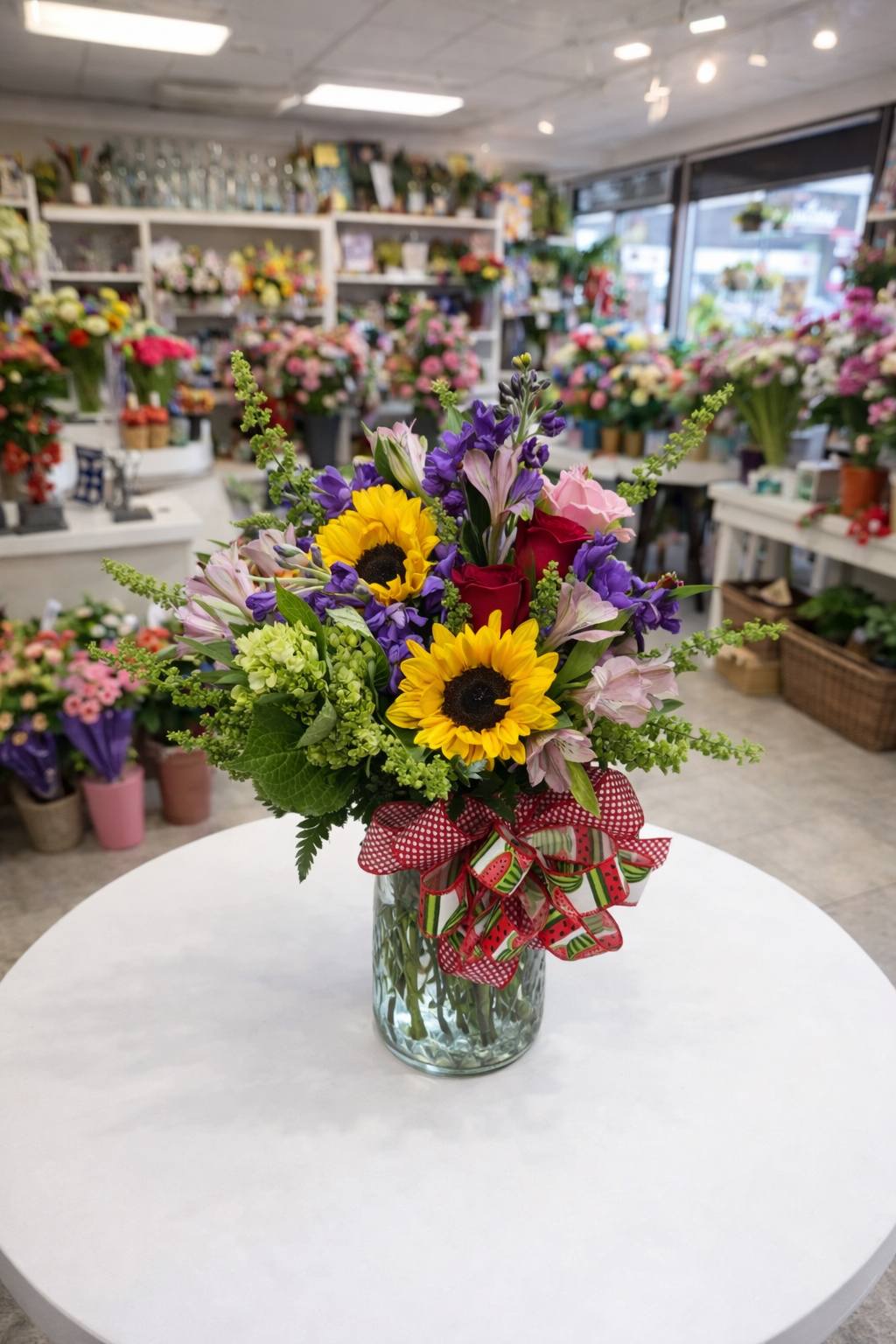 Bright sunflower and rose combination bouquet