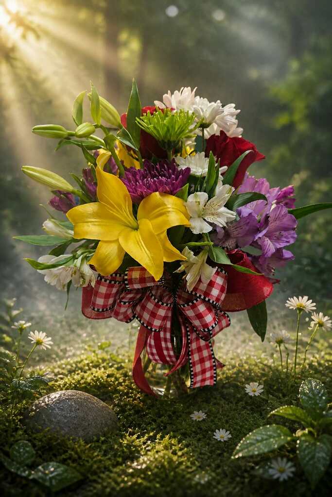 Sunlit garden bouquet with yellow lilies, red roses, and gingham ribbon on mossy ground