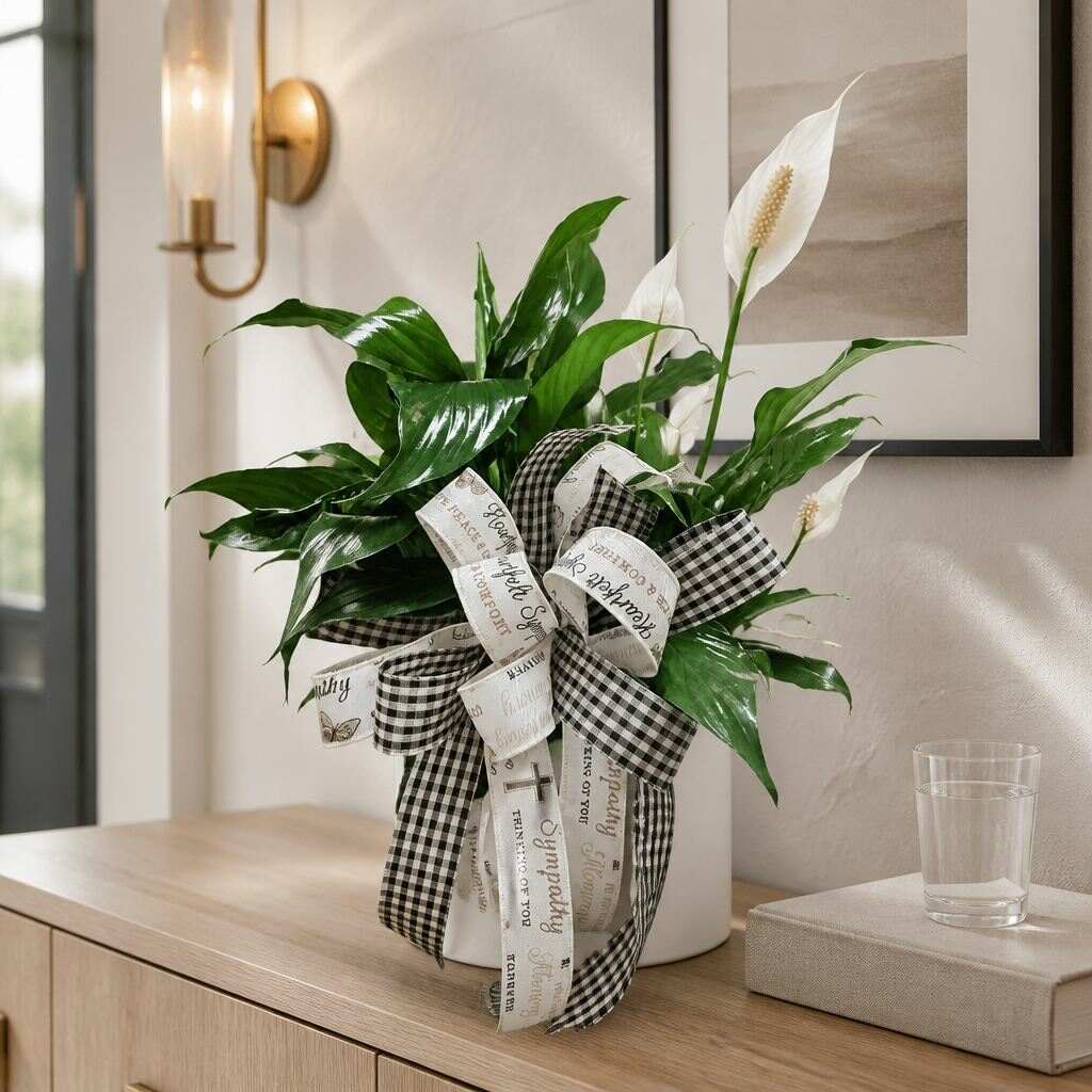 Sympathy peace lily plant with gingham and scripture ribbon bow