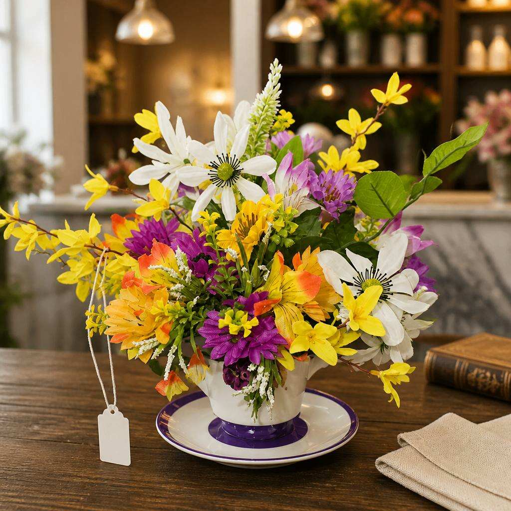 Colorful wildflower arrangement in vintage teacup with forsythia and clematis