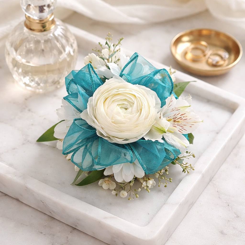 Elegant white rose corsage with pearl accents