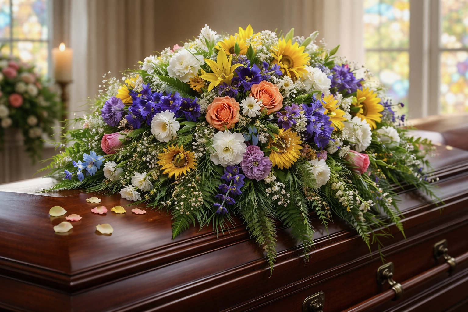 Wildflower casket spray with sunflowers, roses, iris, and scattered petals